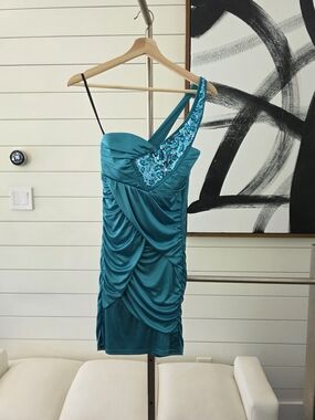 Ruby Rox Teal Asymmetric Sequin-Trim Mini Dress